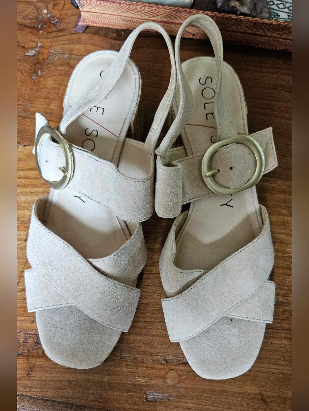 Sole Society Cream Suede Block Heel Sandals